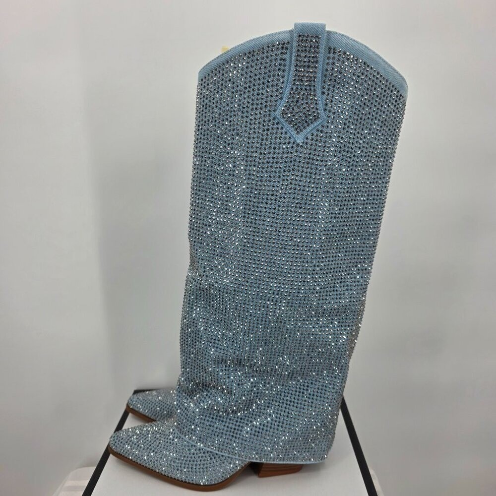 AZALEA WANG Banian Knee High Rhinestone Denim Western Boot 8.5 NWT - Picture 6 of 10